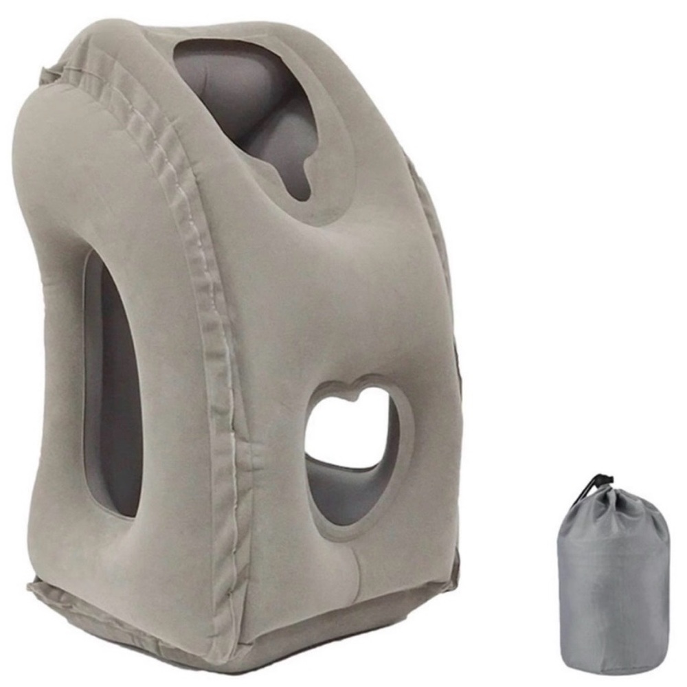 Large Gray Inflatable Travel Pillow with Carry Bag